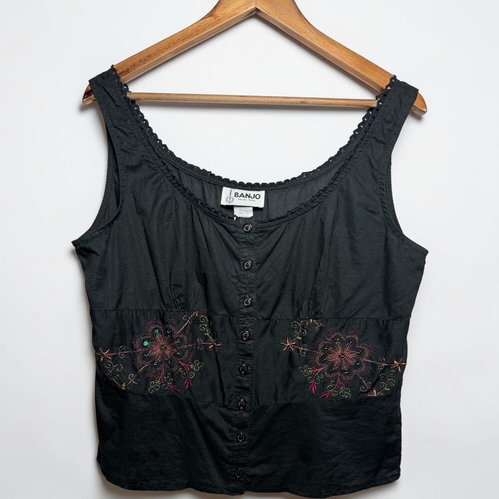 Vintage Banjo Dallas Texas Black Embroidered Sequin Boho Tank Top XL Made USA